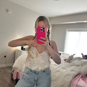 Babaton Marble-Print Satin Cami in Cream and Gold